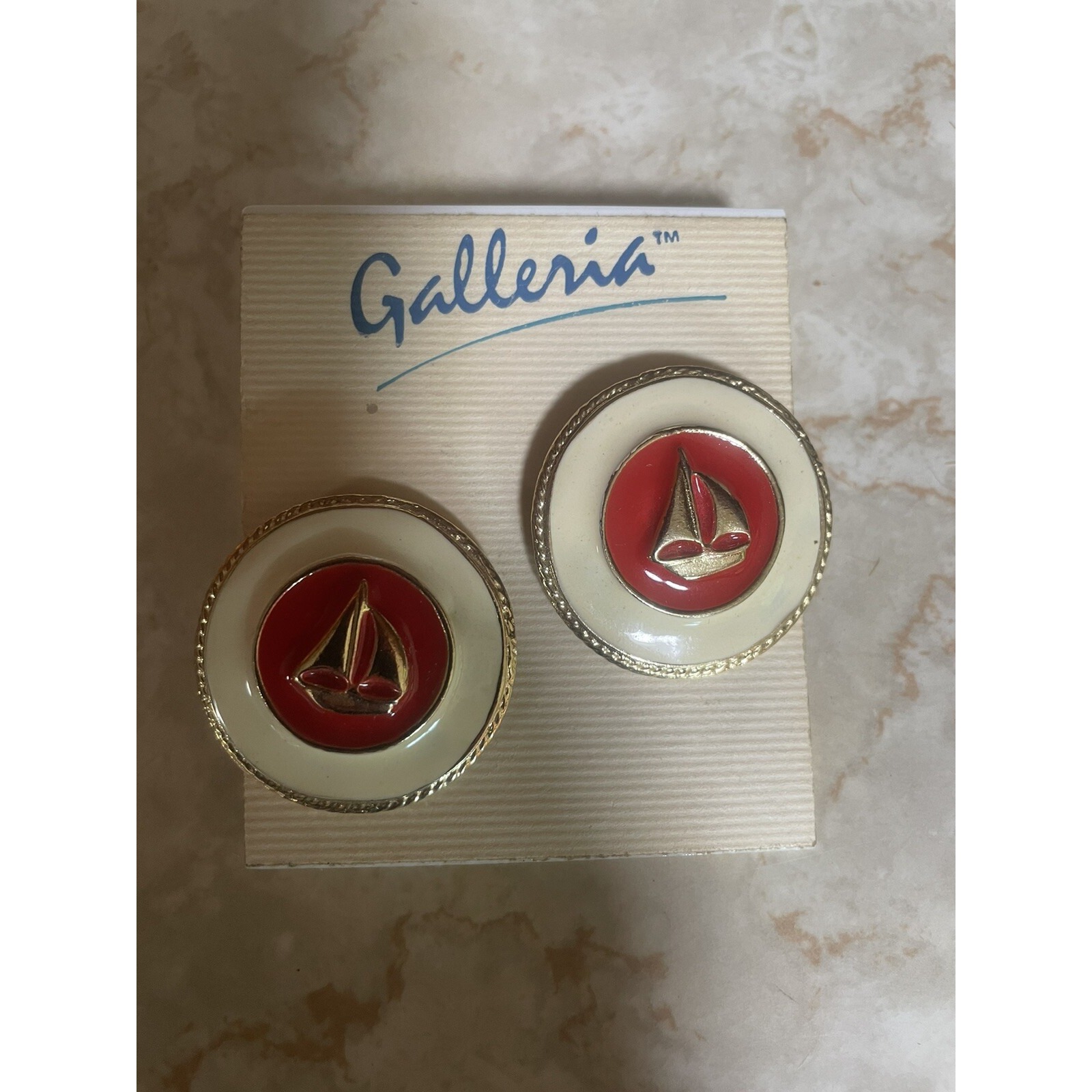 Big Bold Nautical Stud Red White Gold Sailboat Enameled Earrings - Pierced